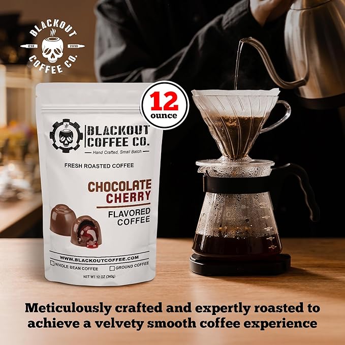 Blackout Coffee Chocolate Cherry Flavored Medium Roast - Freshly Roasted in the USA - 12 oz Ground Coffee Pouch