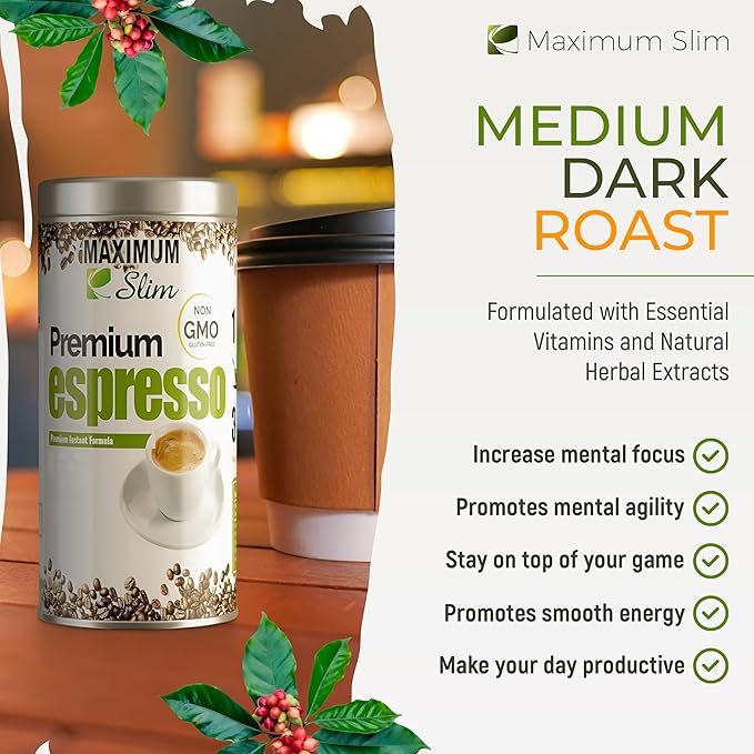 Maximum Slim Premio Instant Espresso Powder – Bold & Rich Flavor 100% Arabica Beans - Non-GMO, Gluten-Free – Premium Medium Roast Coffee 14.1 oz Resealable Jar : Café Instantáneo (Pack of 2)