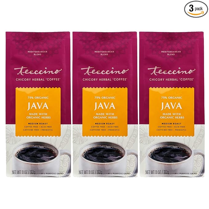 Teeccino Java Chicory Coffee Alternative - Ground Herbal Coffee That’s Prebiotic, Caffeine Free & Acid Free, Medium Roast, 11 Ounce (Pack of 3)