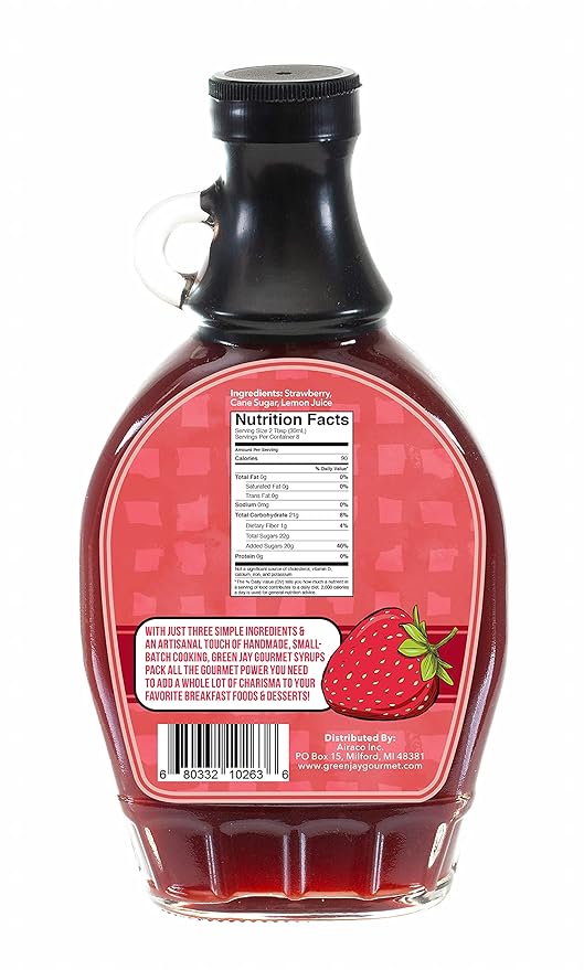 Green Jay Gourmet Strawberry Syrup - 3 Ingredient Premium Breakfast Syrup w/Fresh Strawberries, Cane Sugar & Lemon Juice - All-Natural, Non-GMO Pancake Syrup, Waffle Syrup & Dessert Syrup - 2 x 8 Oz