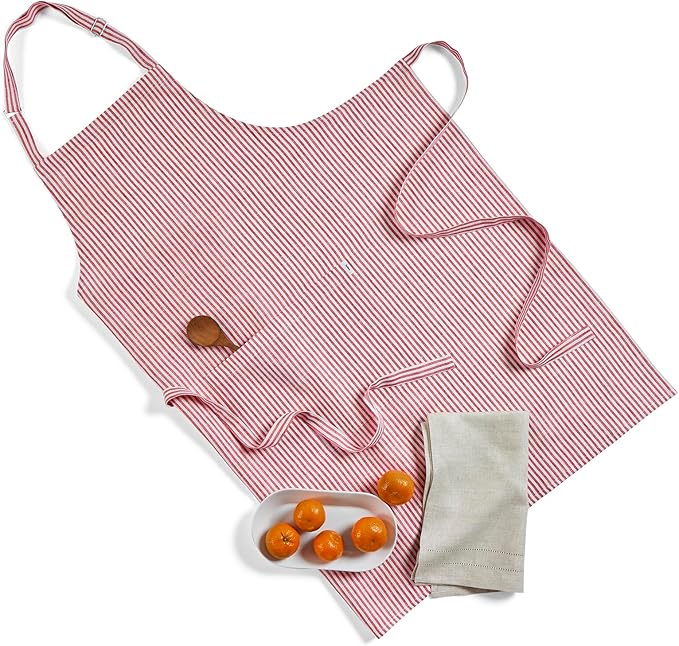 Solino Home 100% Pure Linen Apron for Women & Men - Red and White Stripe Full Midi Bib Apron, Adjustable Neck Strap with Center Pockets for Kitchen, Chef - Handcrafted from European Flax