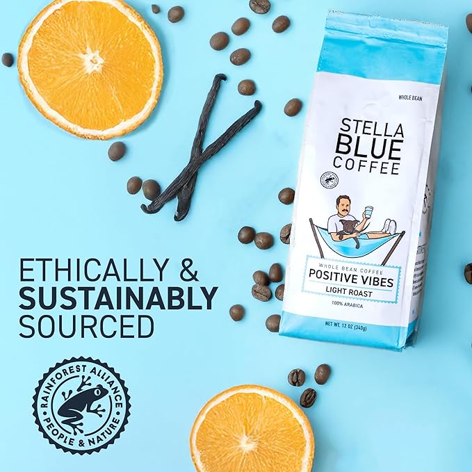 Stella Blue Whole Bean Coffee, Positive Vibes Blend, Light Roast, Vanilla and Fruity Notes, 100% Arabica, Ethically Sourced from Central and South America, 12 oz bag