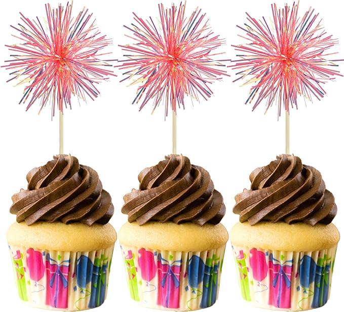 Gyufise 30Pcs Foil Firework Cupcake Toppers Sparkle Tinsel Cake Toppers Tinsel Drink Cake Decoration Cocktail Picks for Birthday Wedding Graduation Party Supplies Laser Orange