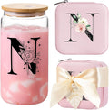 AYGXU Initial Glass Cups,Monogrammed Gifts, Small jewelry travel case,Travel Jewelry Box for Women Teen Girls,Travel Essentials,Cute Tumbler Cup with lid,Travel Jewelry Organizer,Initial pink N