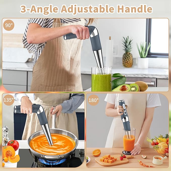 Cordless Immersion Blender Handheld: Powerful Rechargeable Electric Hand Blender, 21-Speed & 3-Angle Adjustable with Stainless Steel Blades for Milkshakes, Smoothies, Soup, Puree, Baby Food (Grey)