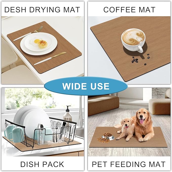 Dish Drying Mat Coffee Mat - Coffee Bar Accessories Absorbent Mat Dish Drying Mats for Kitchen Counter Sink Under Coffee Maker Espresso Machine Pot Cup Holder Easy Clean Kitchen Dish Mat 19"x12", Wood
