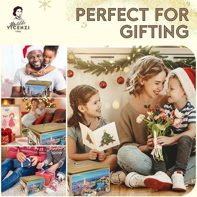 Matilde Vicenzi Verona Gift Tin - Assortment of Italian Pastries and Cookies - Gourmet Gifts For Thanksgiving & Christmas - Assorted Cookies in Italian Design Tin 32oz (907g)