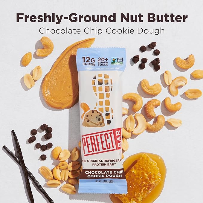 Perfect Bar, Chocolate Chip Cookie Dough Protein Bar, Sports Nutrition Protein Bars, Gluten Free Protein Bars, Soy Free Protein Bars, Non GMO, No Sugar Alcohols, 2.2 Ounce Bar, 24 Count