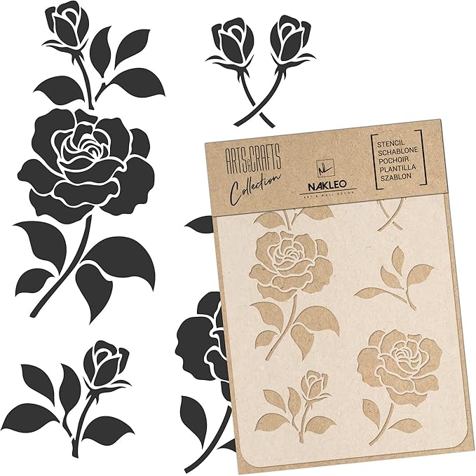 NAKLEO DIY Reusable Plastic Stencil - 30x42cm / 11.7” x 16.5” - Rose Flower Bloom - Art Craft Wall Painting Pattern Template Scrapbooking Decoupage - Fabric Furniture Wood