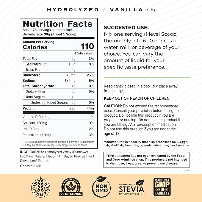 Muscle Feast Hydrolyzed Whey Protein Powder, Grass Fed and All Natural Hormone-Free, Hydro Whey Powder for Men and Women, Gluten Free, Non-GMO, Delicious Hydrolyzed Protein Powder, Vanilla, 5lb