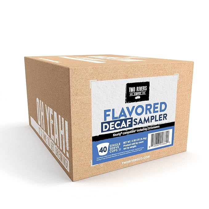 Two Rivers Coffee Decaf Flavored Coffee Pods Compatible with Keurig K Cup Brewers, Assorted Variety Pack Decaffienated Flavored Coffee, 40 Count