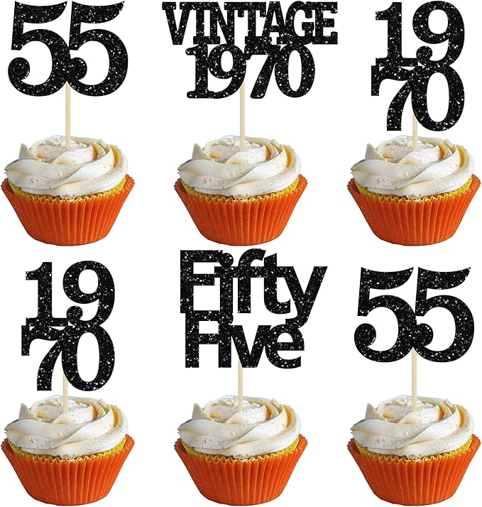 Gyufise 24Pcs Vintage 1970 Cupcake Toppers Glitter Cheers to 55 Fabulous Fifty Five Cupcake Picks 55th Birthday Wedding Anniversary Party Cake Decorations Supplies Black