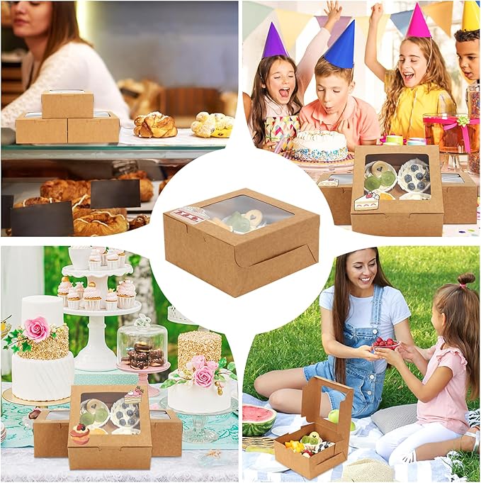 OAMCEG 50 Pack Cookie Boxes with Window, 6x6x3 Inches Brown Bakery Treat Boxes with Stickers & Twine for Pastry, Desserts, Strawberries, Cupcakes, Gift Giving