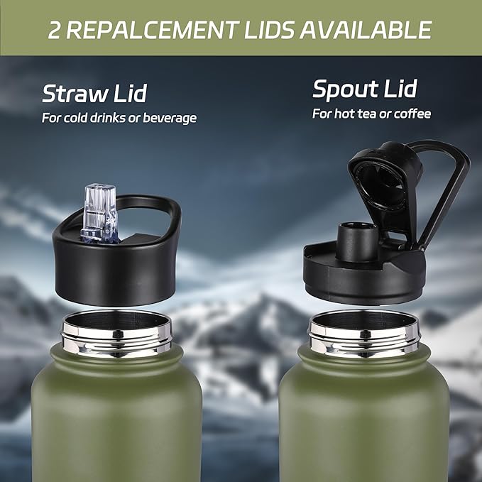 HASLE OUTFITTERS 40oz Stainless Steel Water Bottle, Vacuum Insulated Double Walled Leak Proof Sports Water Bottle with 2 Lids (Straw and Spout Lid) Thermo Mug Keep Cold and Hot(Army Green,1)