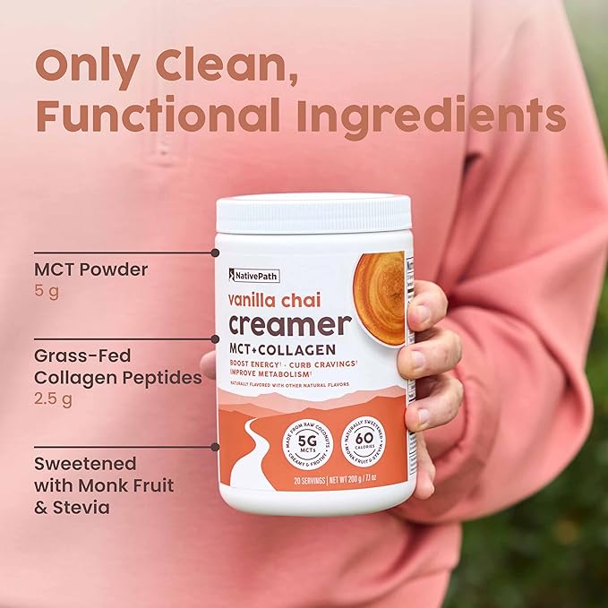 NativePath Keto Coffee Creamer Powder Vanilla Chai — Keto-Friendly, Non-Dairy & Low Sugar Creamer. Made with Grass-fed Collagen Protein Powder, MCT Oil & Monk Fruit. Soy & Gluten Free (7.1 OZ)