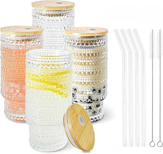 4 Pcs 11 oz Drinking Glasses Cups Set with Bamboo Lids Straws Brush Small Drinking Glassware Set for Juice Iced Coffee Cocktail Whiskey(Hobnail*4)