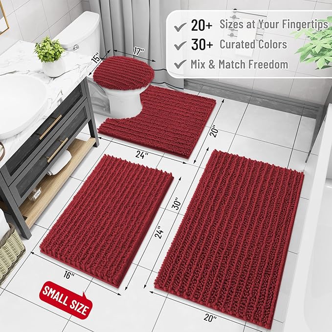 Arotive Luxury Chenille Bathroom Rug Mat, Extra Soft Thick Absorbent Shaggy Bath Rugs, Non-Slip Machine Wash Dry, Plush Bath Mats for Bathroom, Shower and Tub, 54x24, Red