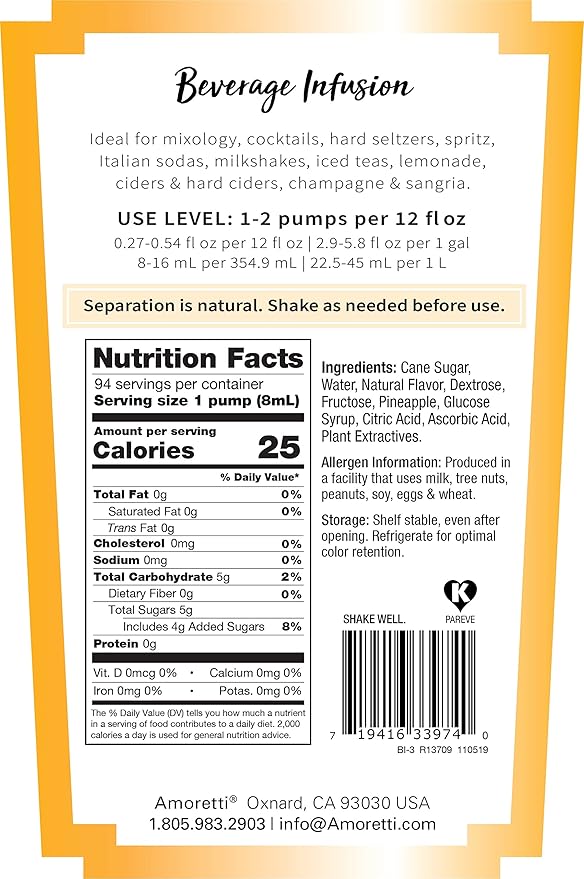 Amoretti - Spicy Pineapple Beverage Infusion Drink Mix & Water Enhancer with Pump for Flavoring Cocktails, Waters, Teas, and other Beverages, 94 Servings Per Bottle (750 ml), Preservative Free