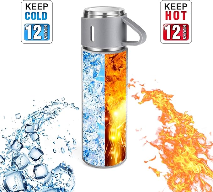 Stainless Steel Thermo 500ml/16.9oz Vacuum Insulated Bottle with Cup for Coffee Hot drink and Cold drink water flask.(Gray,Set)
