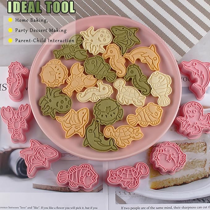 8 Pcs Ocean Cookie Cutters Set Baking Molds 3D Ocean Press type Cookie Cutter for Baking, Fondant, Cheese, and Pastries