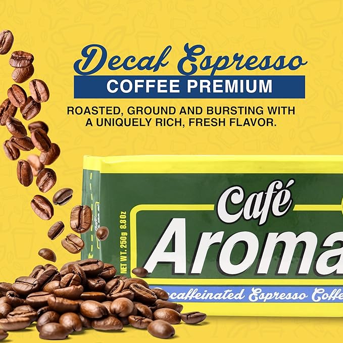 Café Aroma Decaf Dark Roast Espresso Ground Coffee, Authentic Cuban Style Coffee, Vacuum Sealed, 8.8oz, Perfect for Hot and Iced Coffee, 24-Pack