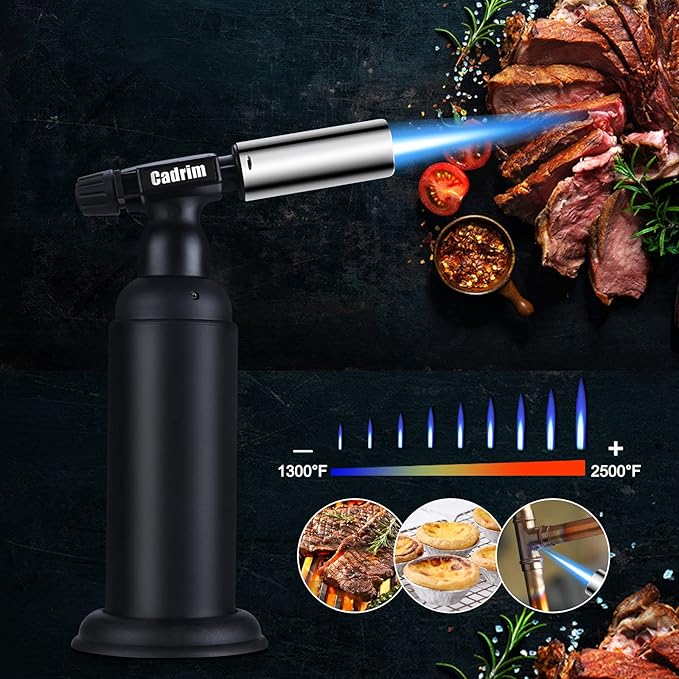 Cadrim Butane Torch, Refillable Pro Culinary Blow Torch Double Fire Cooking Torch and Small Adjustable Flame Kitchen Torch for Creme Brulee, Baking BBQ (Jat black)
