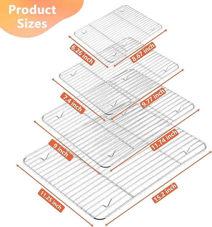 P&P CHEF Baking Cooling Rack Set for Cooking Roasting, 4-Piece Stainless Steel Wire Racks for Oven Use, Healthy & Dishwasher Safe, Rectangle, 8.6 + 9.7+ 11.6 + 15.3 Inch