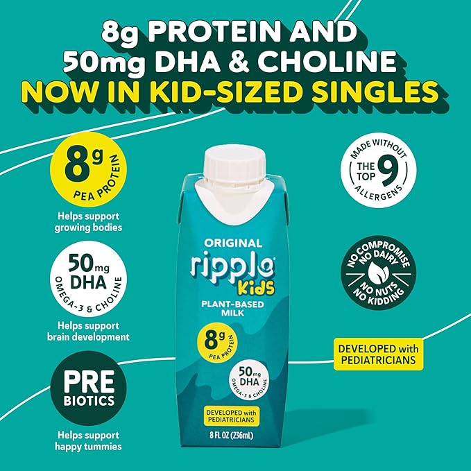 Ripple Kids Original Plant Based Milk | Pediatrician Recommended | 8g Pea Protein | Shelf Stable | Vegan & Non GMO Certififed | Dairy, Soy, Nut, Gluten, and Lactose Free | 8 Fl Oz (Pack of 12)
