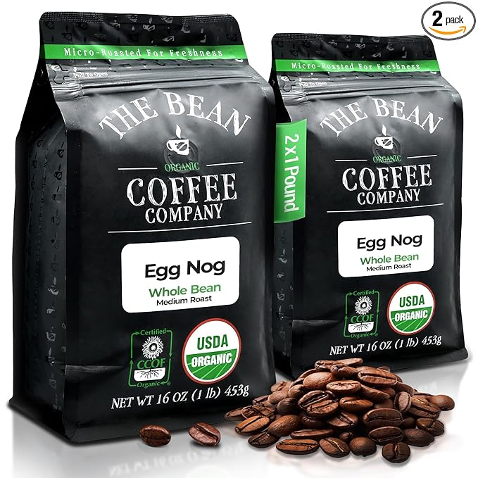 The Bean Organic Coffee Company Egg Nog, Medium Roast, Whole Bean Coffee, 16-Ounce Bags (Pack of 2)