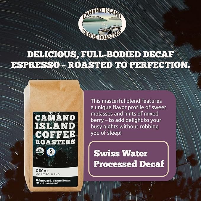 Camano Island Coffee Roasters Decaf Espresso Blend, Ground 12oz, Fresh Dark Roast Swiss Water Processed, USDA Organic, Fairly Traded, Shade Grown Top 1% Arabica, Sweet Molasses, Mixed Berry Flavor
