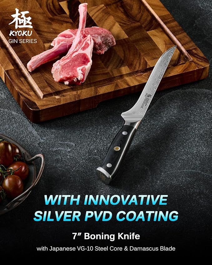 KYOKU Gin Series Boning Knife, 7" Butcher Knife, Japanese VG10 Damascus Stainless Steel Kitchen Knife with Silver Ion Blade G10 Handle Mosaic Pin, Multipurpose Fillet Knife for Meat Fish & More