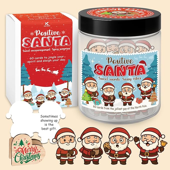 Positive Santa Jar – 60 Funny Emotional Support Santa Jar- Christmas Gifts for Teens, Women, Men, Coworkers, Teachers, Sisters, Friends – Christmas Stocking Stuffer for Teen Girls, Boys, Women