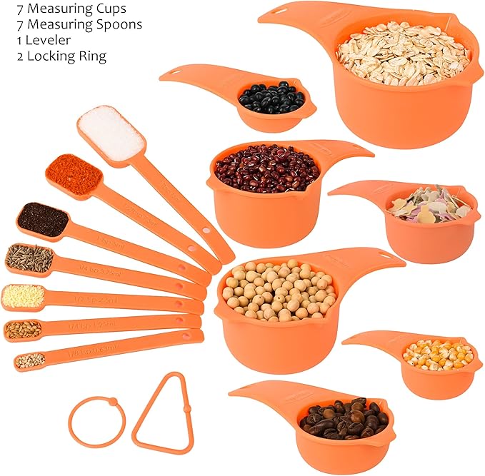 Orange Measuring Cups and Spoons Set 15, 7 Plastic Measuring Cup Set, 7 Spice Long Handle Measuring Spoons with 1 Leveler for Kitchen and Baking, Dry Metric Measure Cups & Spoons Set
