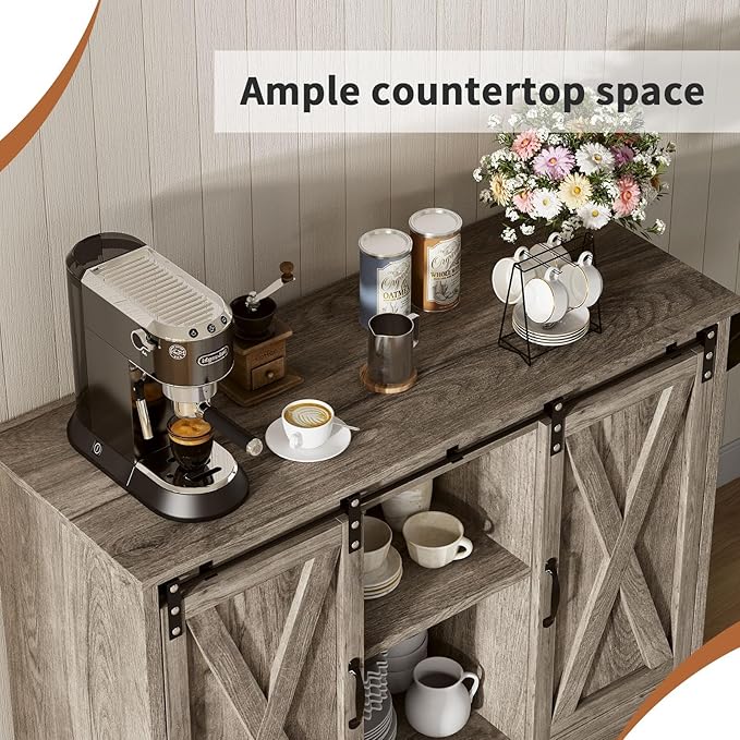 4 EVER WINNER Farmhouse Coffee Bar Cabinet with Sliding Barn Door, 42” Coffee Bar Table with Adjustable Shelves, Buffet Cabinet with Storage for Kitchen Living Dining Room, Wash Grey