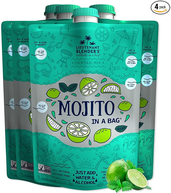 Lt. Blender's Mojito in a Bag - Each Bag Makes 1/2 Gallon of Frozen Mojito Mix – Non-GMO Cocktail Mix for Slushies – Make a Cocktail, Wine Slushie or Mocktail - (Pack of 4)