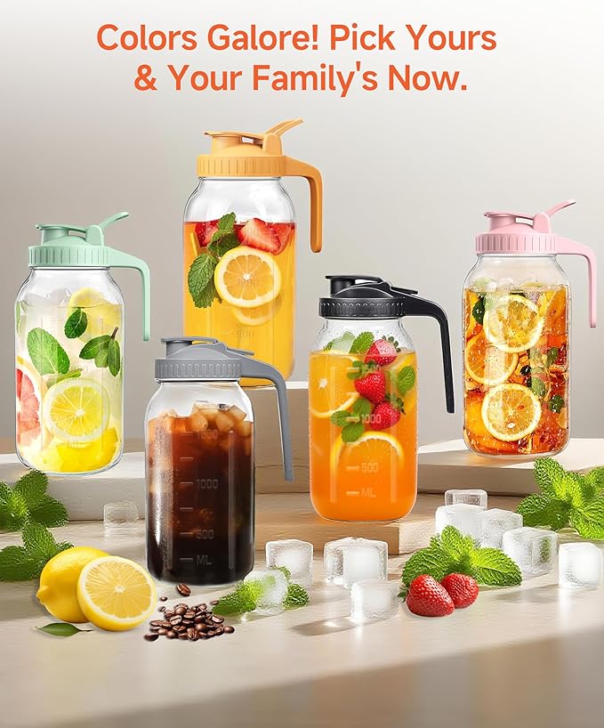 64oz Large Mason Jar Pitcher with Lid, 2 Quart Glass Tea Pitchers for Fridge, Leak-proof Coffee Dispenser,Heavy Duty Water Container for Sun Tea,Cold Brew Juice,Breastmilk Storage(Black+Gray+Pink）