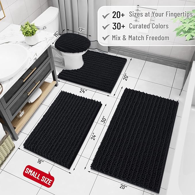 Arotive Luxury Chenille Bathroom Rug Mat, Extra Soft Thick Absorbent Shaggy Bath Rugs, Non-Slip Machine Wash Dry, Plush Bath Mats for Bathroom, Shower and Tub, 30x17, Black