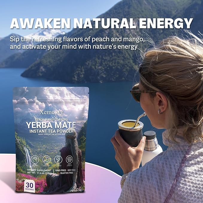 Yerba Mate Tea Powder - Peach Mango, Clean Energy & Focus with L-Theanine, Gut Health Support with Prebiotics, No Crash, 11.6oz (30 Servings)