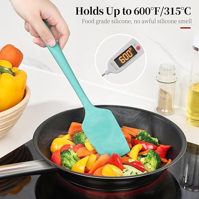 600ºF Heat Resistant Spatula, 11.34 inch High Heat Food Safe Semless Kitchen Silicone Scraper for Cooking Baking Mixing Scraping Stirring Nonstick Cookware Pan Bowl (Turquoise)