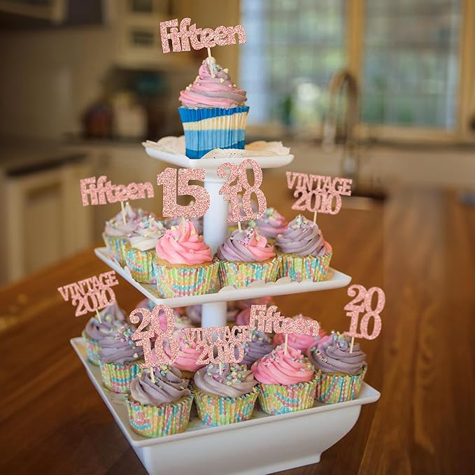 Gyufise 24Pcs 15th Birthday Cupcake Toppers Glitter Fifteen Vintage 2010 Hello 15 Years Birthday Cupcake Picks Sweet 15 Cake Decorations for Happy 15th Anniversary Party Supplies Rose Gold