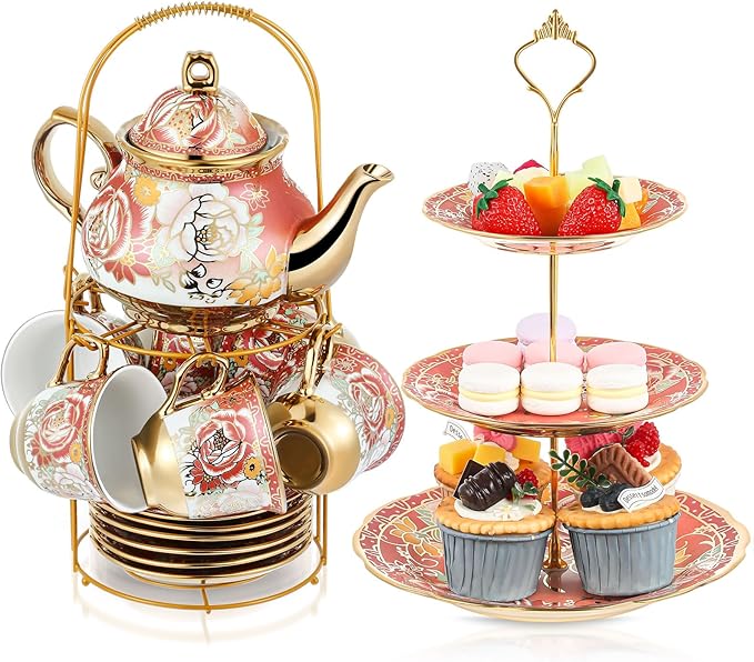 Maxcheck 21 Pcs Tea Party Set for Adults European Floral Tea Set with Metal Holder and 3 Tier Ceramic Cake Stand Porcelain Flower Cup Teapot for Dessert Cupcake(Romantic Style)