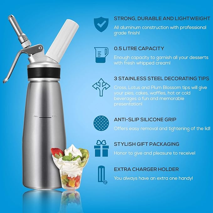 OCTANDRA Professional Whipped Cream Dispenser – 1 Pint Aluminum Whipper Canister - Whipping Siphon - Whip Cream Maker with 3 Stainless Steel Tips, 2 Charger Holders, Brush & Storage Cap