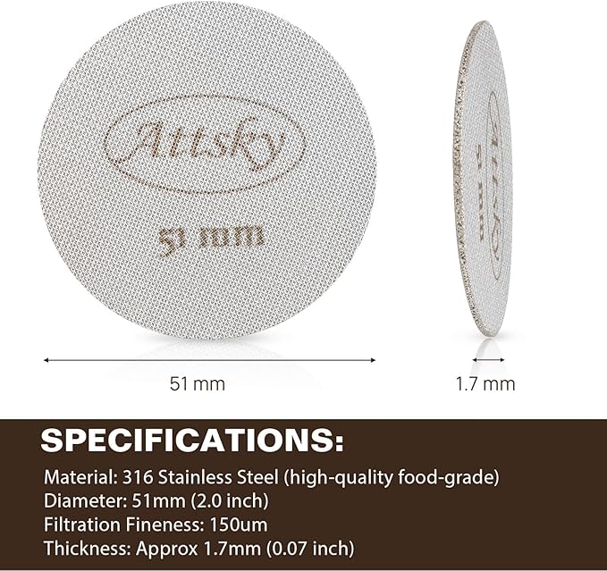 51mm Espresso Puck Screen, Espresso Filter for 51mm Portafilter Filter Basket, Reusable Espresso Screen with 1.7mm Thickness 150μm 316 Stainless Steel