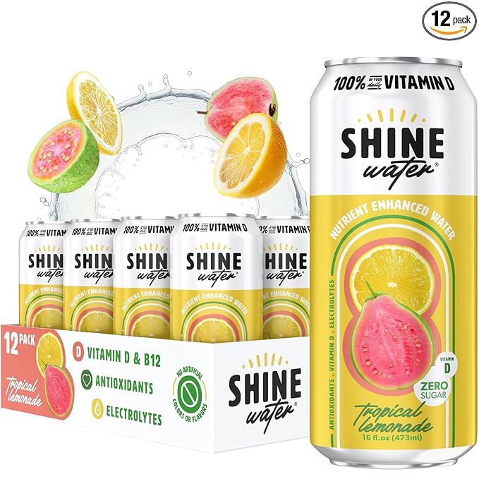 ShineWater Tropical Lemonade Vitamin D Electrolyte Drink | Zero Sugar Hydration Beverage with Magnesium, Zinc & Antioxidants | Low Calorie Plant-Based Vitamin Water | 12 Pack