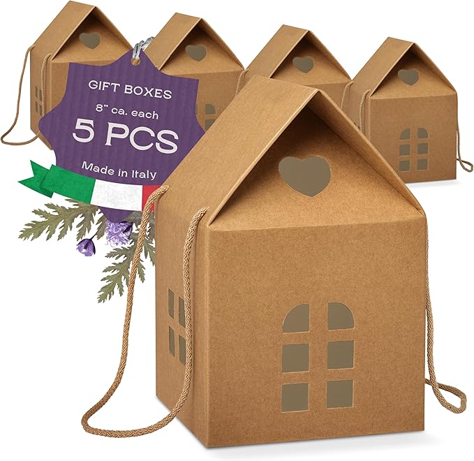 Pack of 5 House Shaped Gift Boxes (7.87 x 7.87 x 7.08 inch) - Mansion Boxes Ideal for Christmas Gift Boxes and Christmas Boxes for Treats - Havana