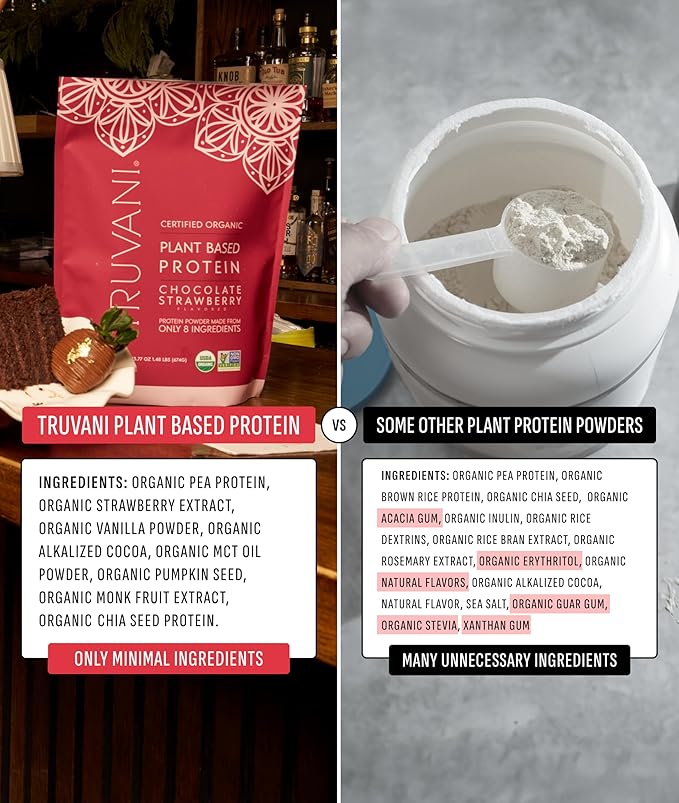Truvani Vegan Pea Protein Powder | Chocolate Strawberry | 20g Organic Plant Based Protein | 10 Servings | Keto | Gluten & Dairy Free | Low Carb | No Added Sugar