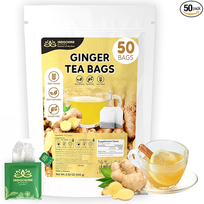 Indochine Blends, Ginger Tea Bags, 50 Teabags, 2g/bag, Individually Wrapped Envelopes, Caffeine-free, No Sugar, Healthy Belly Herbal Tea Supports Digestion & Boosts the Immune System