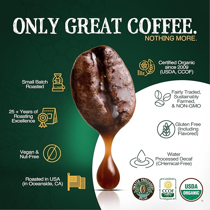 The Bean Organic Coffee Company Water Processed DECAF South America Blend, Medium Roast, Whole Bean Coffee, 16-Ounce Bag