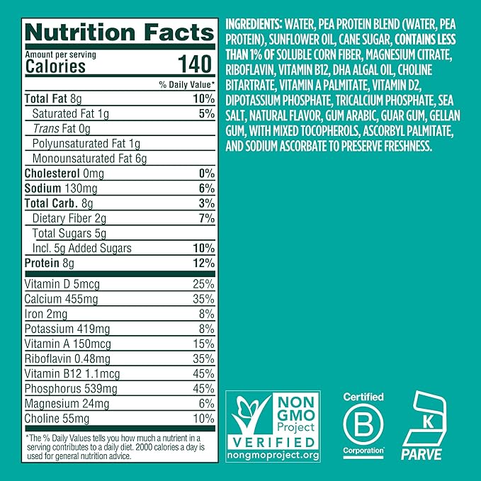 Ripple Kids Original Plant Based Milk | Pediatrician Recommended | 8g Pea Protein | Shelf Stable | Vegan & Non GMO Certififed | Dairy, Soy, Nut, Gluten, and Lactose Free | 8 Fl Oz (Pack of 12)