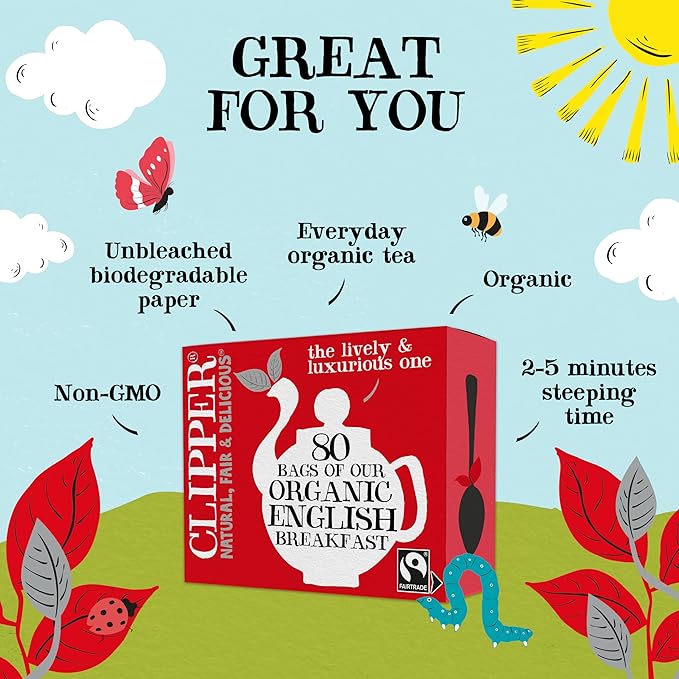 Clipper Tea, English Breakfast Assam Blend, Fairtrade, Organic, Plant-Based, Caffeinated British Tea, 1 Pack, 80 Unbleached Tea Bags